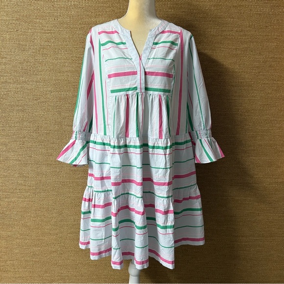 Crown & Ivy Dress Womens L Green Pink Stripe 3/4 Bell Sleeves Tiered Knee Length - Picture 1 of 12